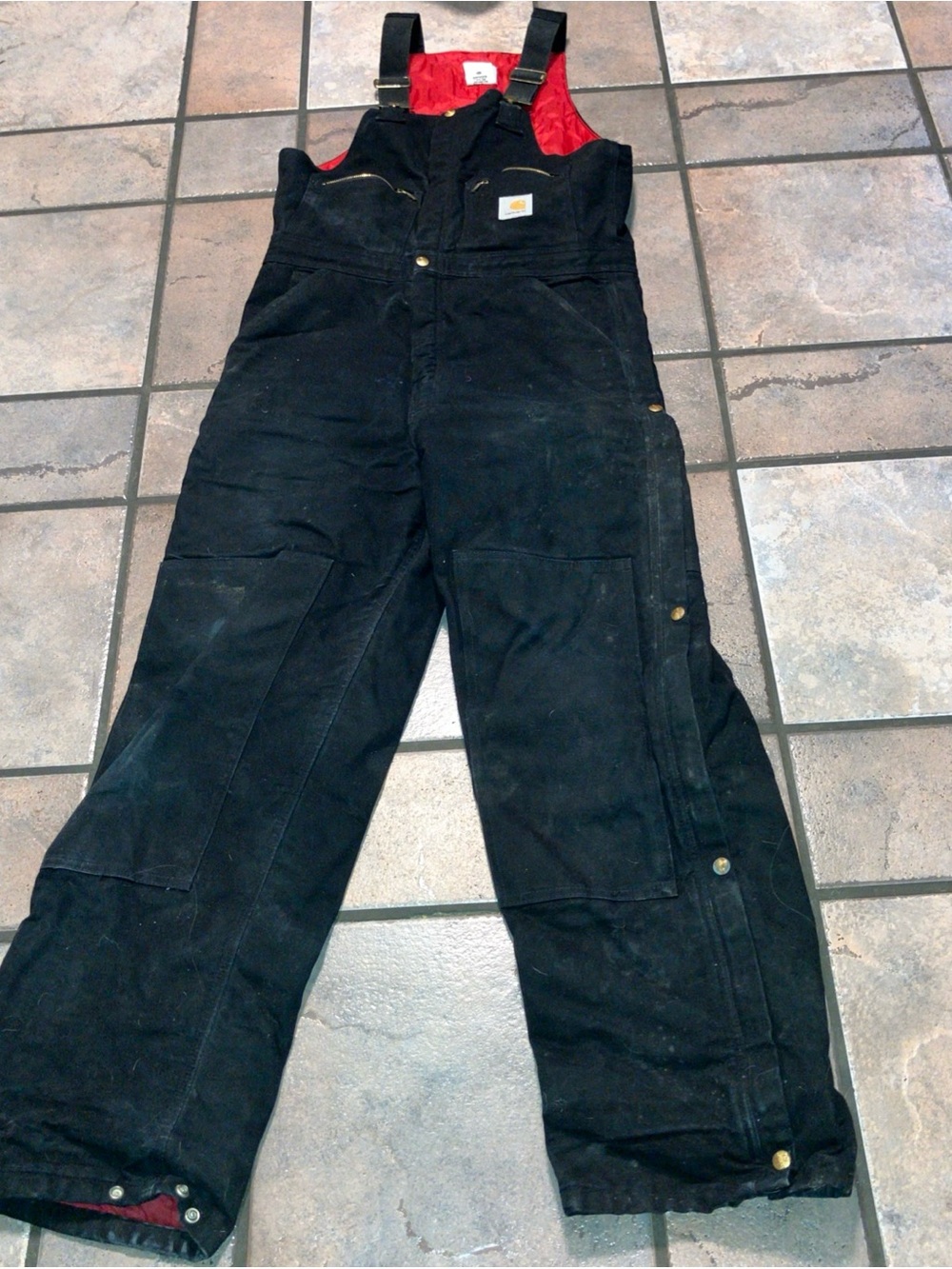 Carhartt Black Duck Bib Overalls with Red Bib Lining